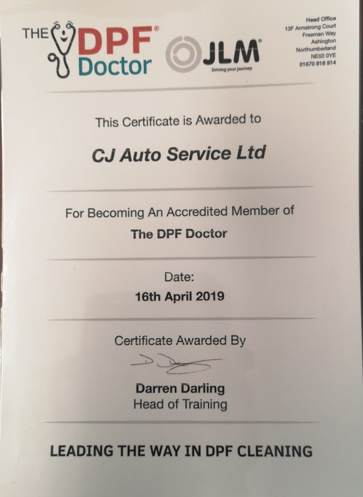 DPF Cleaning Warrington Certificate