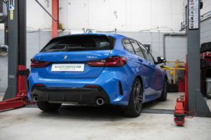 Blue BMW in for Service